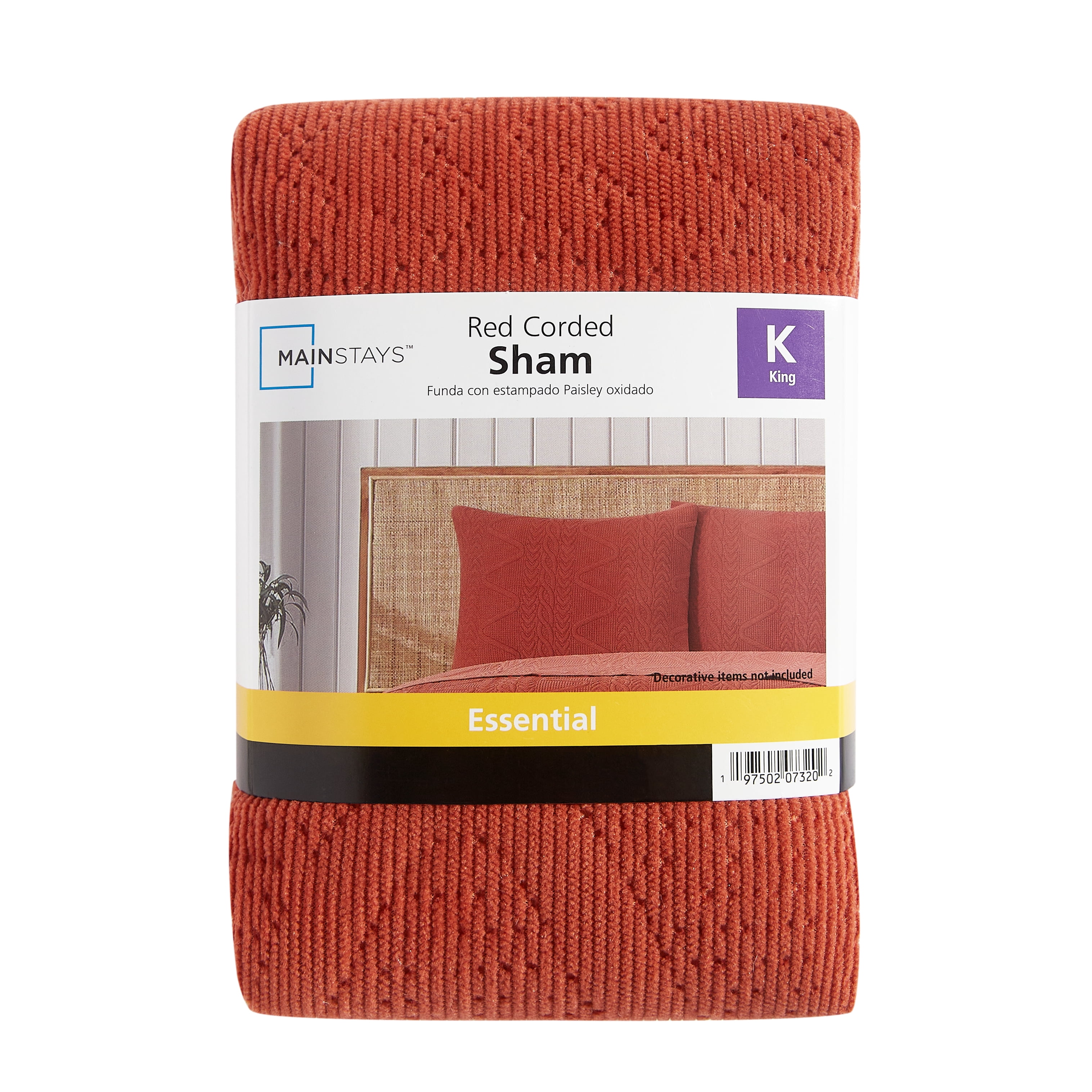 Mainstays Stitched Corded Pillow Sham, Red Canyon, King, 1 Pack