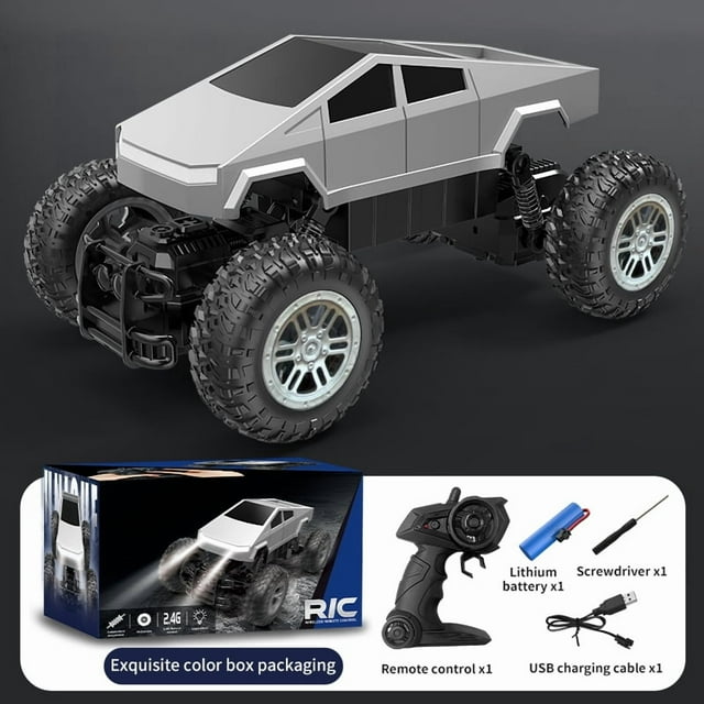Cyberfootoffroad Camionnette Tesla Télécommandée 2,4 GHz avec Phares Avant/arrière, Propulsion Arrière, Batterie Lithium 3,7 V Rechargeable par USB, Autonomie Ultra Longue - avec Direction Gauche/droite,