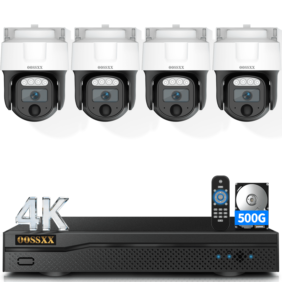OOSSXX 4K Wired Security Camera System, 4CH PTZ Dome, 500GB HDD