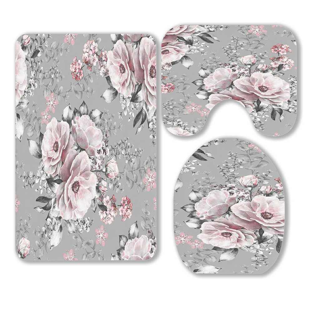 ECZJNT pink flowers and leaves on gray 3 Piece Bathroom Rugs Set Bath