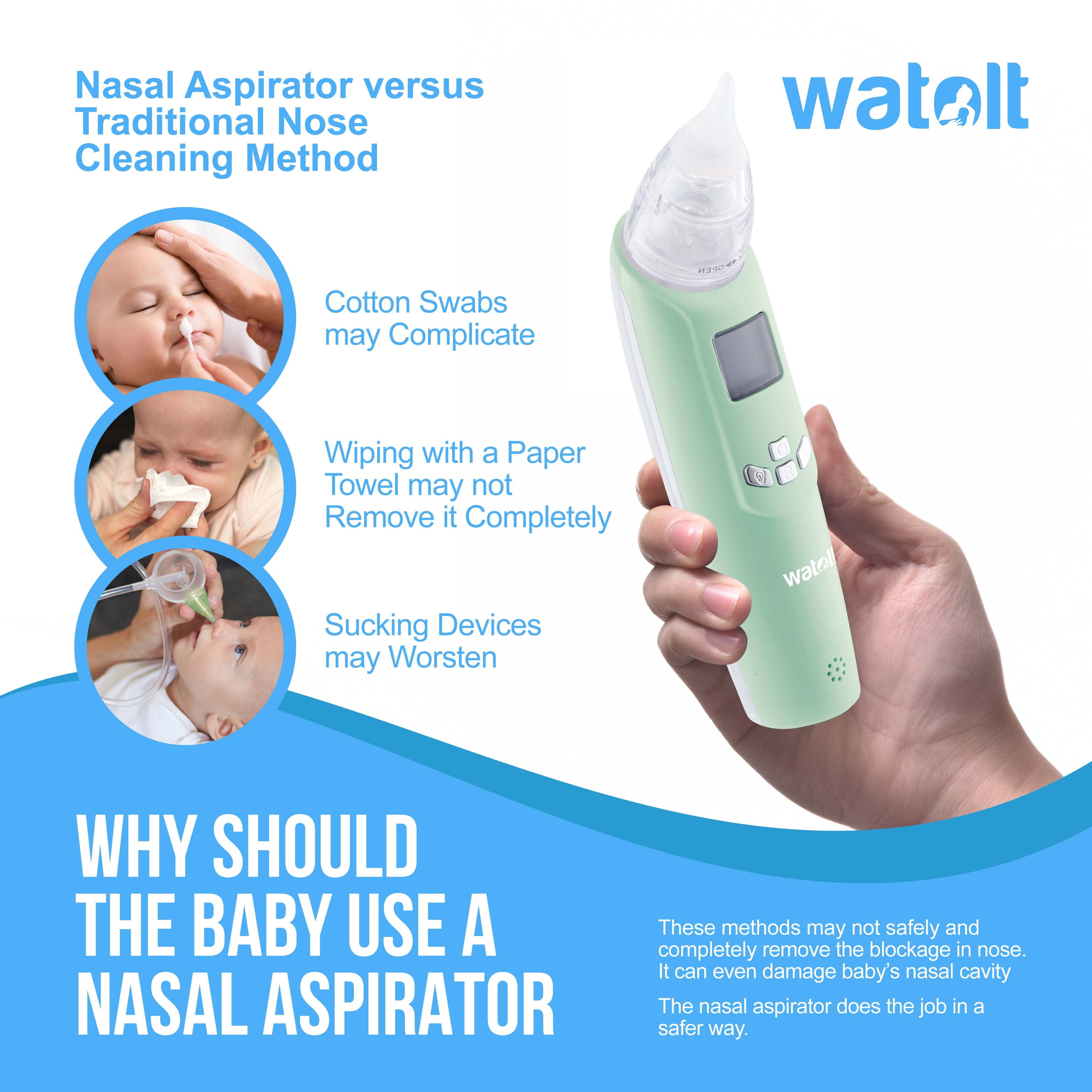 Watolt Baby Nasal Aspirator - Electric Nose Suction for Baby - Automatic Booger Sucker for Infants - Battery Powered Snot Mucus Remover for Kids Toddlers