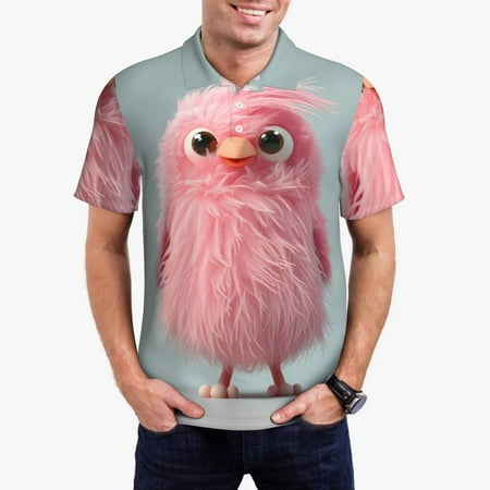 Goofa Adorable Pink Fluffy Birds Print Mens Polo Shirts Quick Dry Short Sleeve Golf T Shirt Performance Moisture Wicking Casual Workout-Medium
