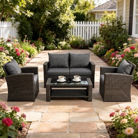 Gasee Wicker Patio Furniture Set, 4 Piece Outdoor Sectional Conversation Sets, Gray PE Rattan Patio Sofa Set for Balcony, Porch, Backyard, Gray