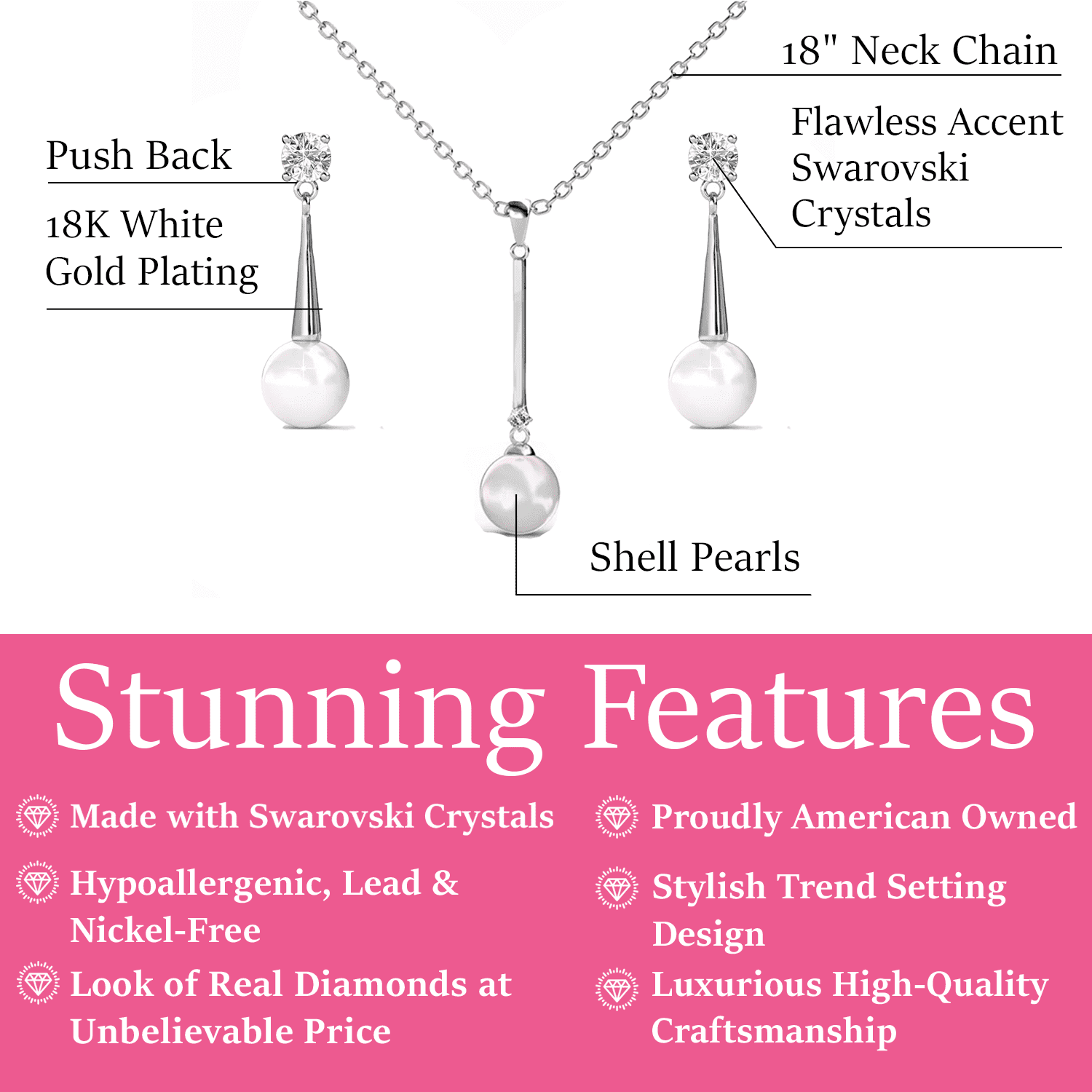 Cate & Chloe Tatum 18k White Gold Plated Jewelry Set with Pearl and Swarovski Crystals for Women