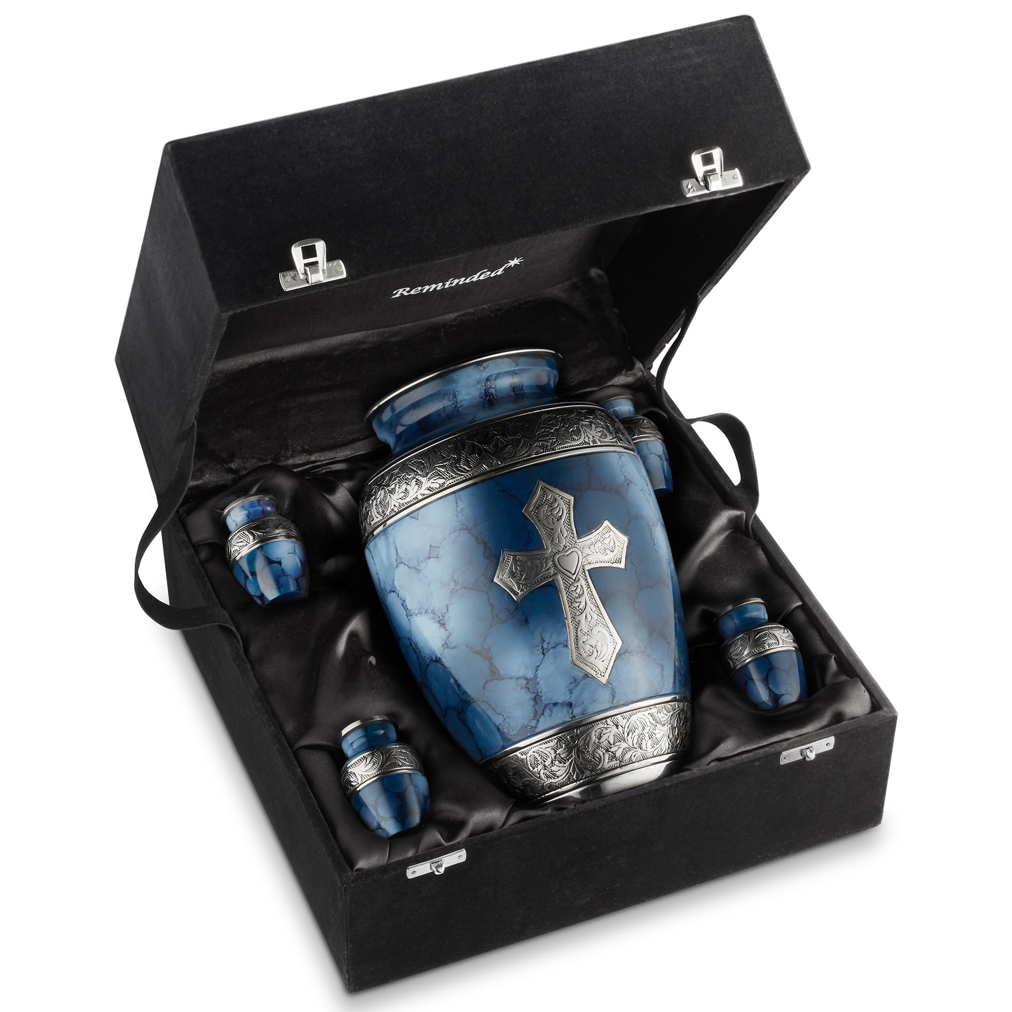 Reminded Set of 5 Engraved  Cross Cremation Urns for Human Ashes - 1 Brass Adult + 4 Keepsake Token Size, Blue