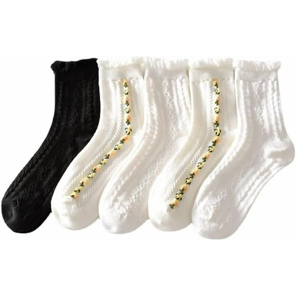 YooGuoGuo Women's 5 Pairs Y2K Ruffle Rib Socks Preppy Crew Socks Cottagecore Casual Ankle Socks Coquette Kawaii Floral Socks