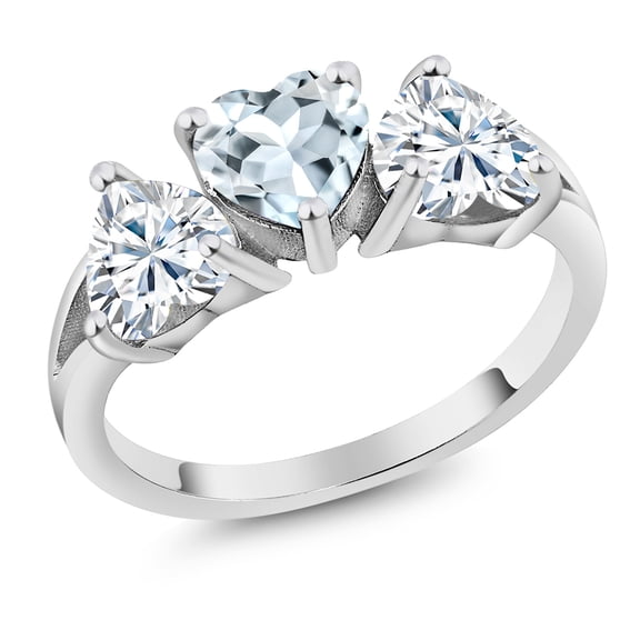 Gem Stone King 925 Sterling Silver 3-Stone Ring Heart Shape Sky Blue Aquamarine and Moissanite (2.33 Cttw, Size 6)