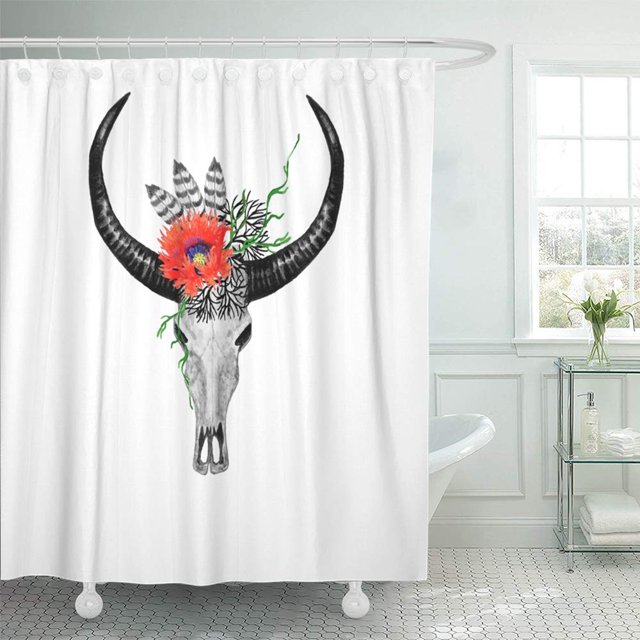 Cortina de ducha a prueba de agua ABPHQTO América Acuarela Cráneo de búfalo Plumas de amapola rojas Ramitas Estilo boho blanco 165x180 cm