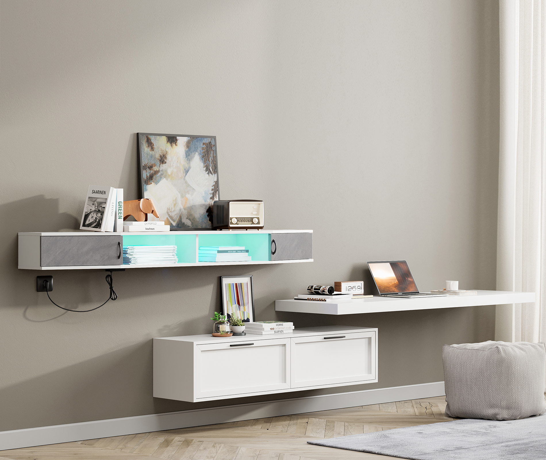 70 Inch Floating TV Stand with Storage Cabinet for TVs up to 80 inch,White&16 RGB