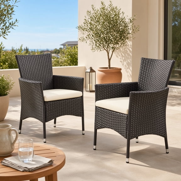 Outdoor PE Wicker Dining Chairs Set of 2 with Water Resistant Cushions, Weatherproof All-Weather Seating for Patio Garden, Brown