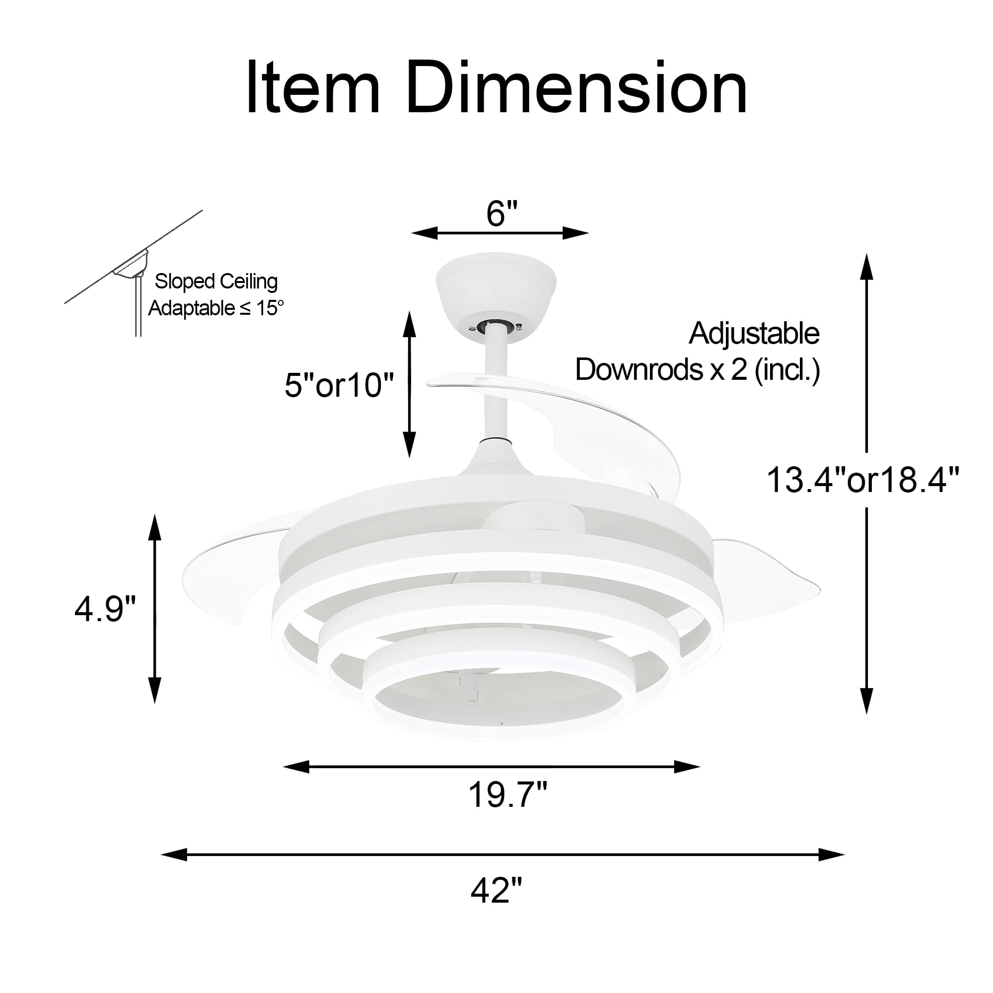 42" White Retractable Ceiling Fan with LED Light and Remote Control , DIY Shape Reversible Ceiling Fan with 6-Speeds
