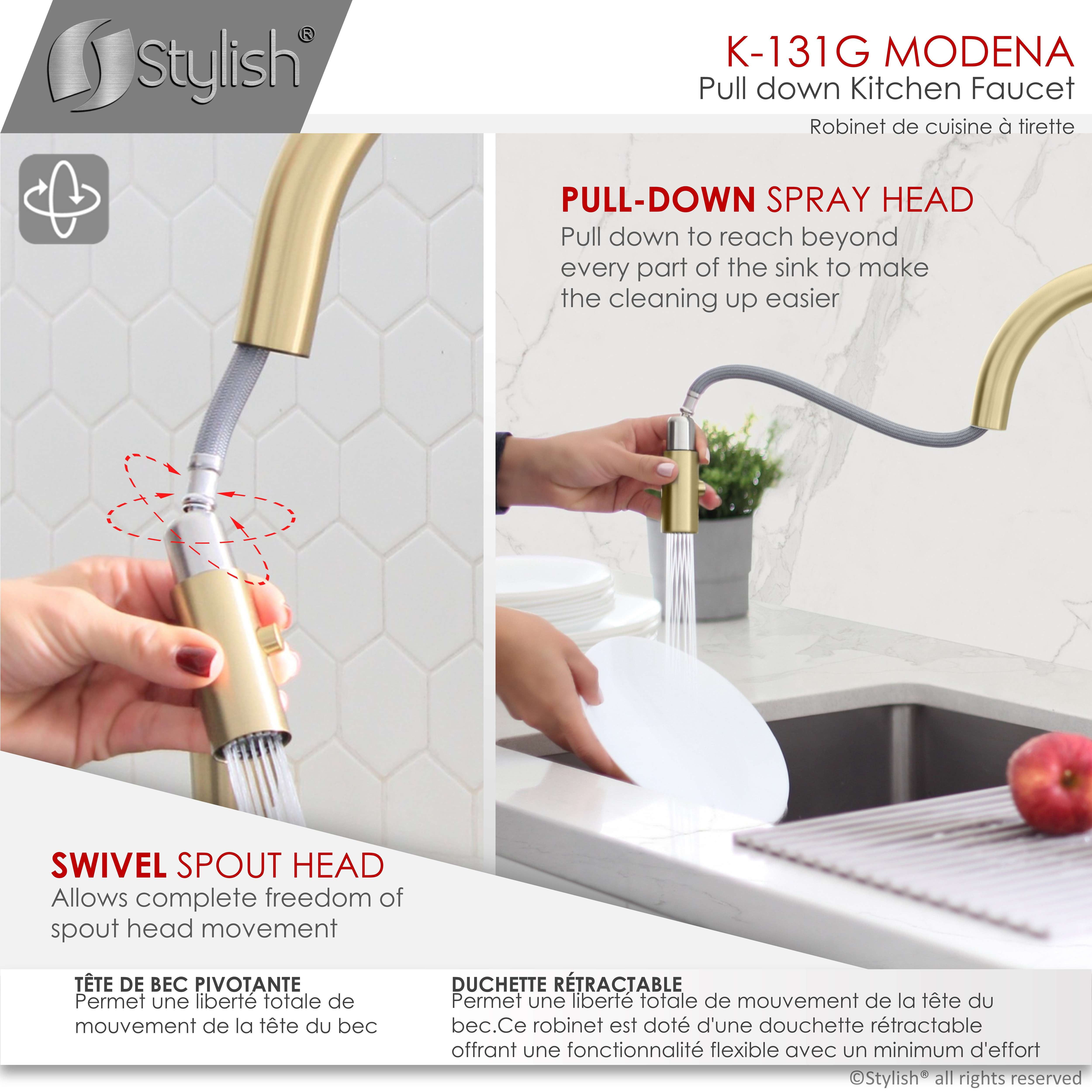 Stylish Modena Ht 14" Brushed Gold Single Handle Pull Down Kitchen Faucet K-131G