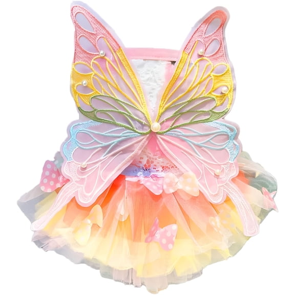 BESTSKY Rainbow Butterfly Dog Princess Dresses Funny Dog Clothes with Wing Girl Puppy Dress for Small Dogs Pet Butterfly Costume Holiday Cat Outfit for Halloween Birthday Wedding