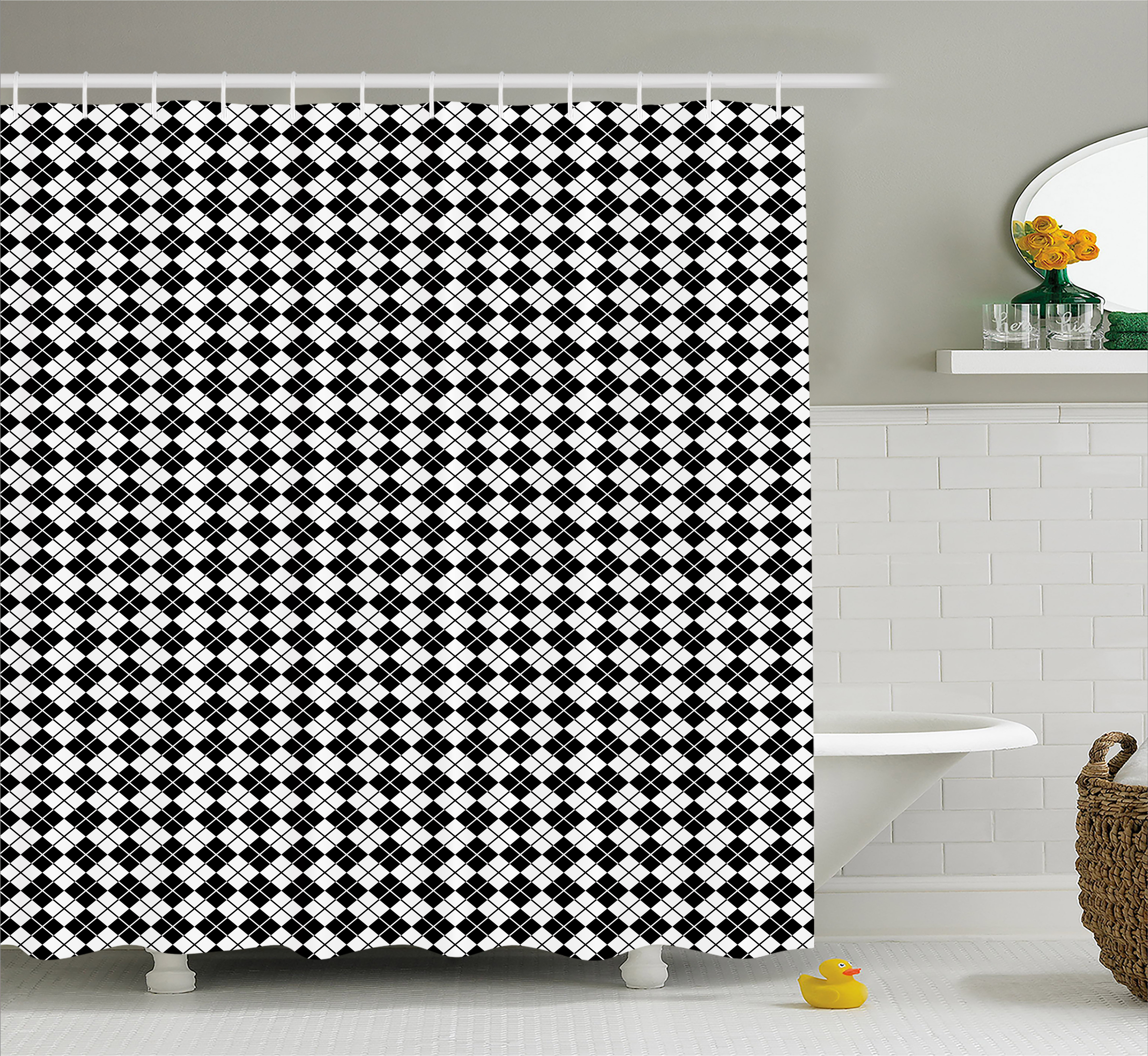 Plaid Shower Curtain, Modern Graphic Argyle Pattern in Black and White