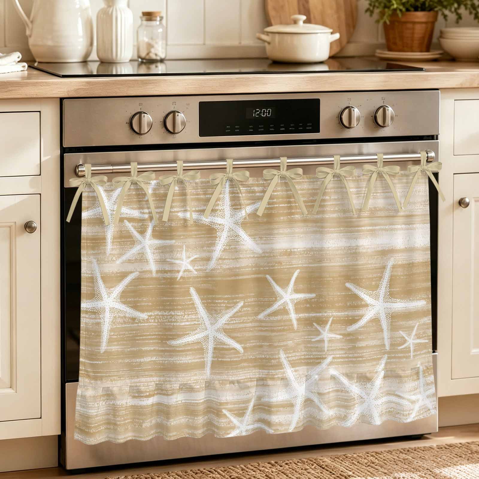 Light Brown Starfish Coastal Oven Skirt for Farmhouse Kitchen D&eacute;cor Summer Beach Nautical Ocean Vintage Oven Curtain Tie Top Stove Skirt Cabinet Dish Washer Curtains 8 Ribbon Ties 32 x24