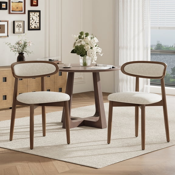 EOP Upholstered Dining Chairs Set of 2, Modern Farmhouse Kitchen Side Chairs with Solid Wood Legs, Ergonomic Curved Backrest Dining Room Chairs for Restaurant & Cafe, Beige