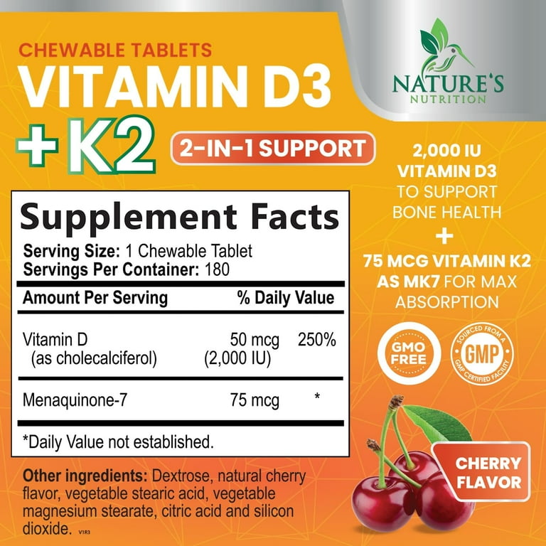 Nature's Nutrition Vitamin D3 K2 2000 IU, Calcium Absorption, Bone
