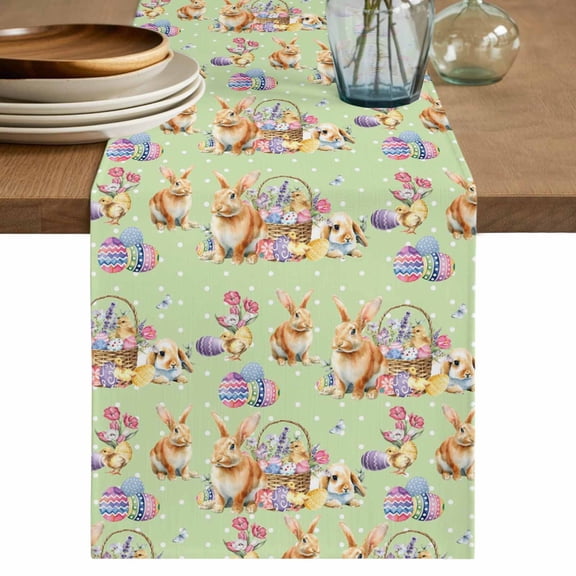 Table Runner 36 Inches Long for Kitchen Dining, Sage Green Bunny Easter Dresser Scarf Farmhouse, Dining Table Decorations for Wedding/Parties, Colorful Eggs Rabbits Pastoral 13 x 36 In