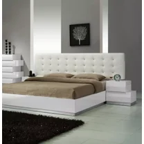 California King Size Modern Platform Bed with Crystal Tufted Headboard, White Lacquer Finish