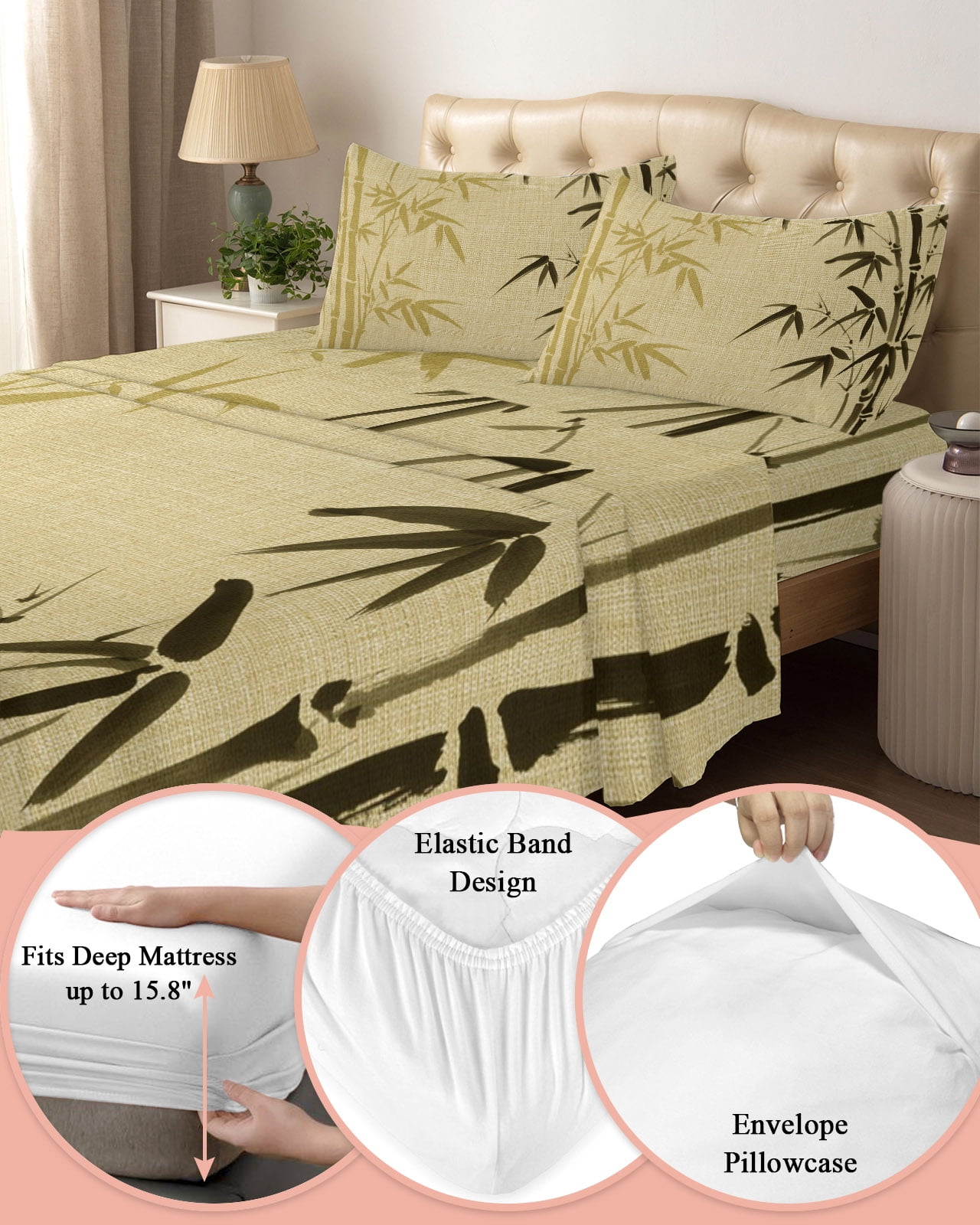 4 Piece Queen Sheet Set Vintage Bamboos Sheets Set for Queen Size Bed, Breathable Soft Microfiber Bed Sheets Cooling Ink Painting Retro Art Rustic Fitted Sheet Deep Pocket, Pillowcases