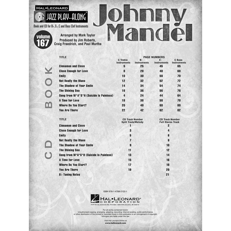 Hal Leonard Johnny Mandel Jazz Play-Along Volume 167 -Book & CD