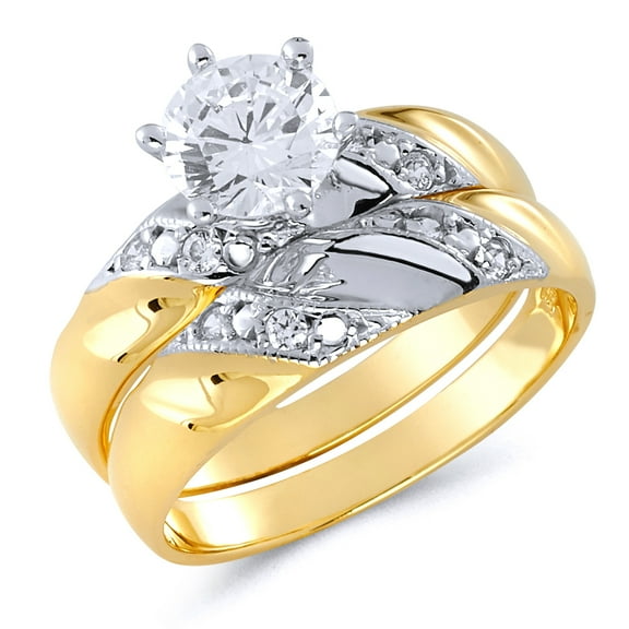 Wellingsale Ladies Solid 14k Two 2 Tone White and Yellow Gold Polished CZ Cubic Zirconia Round Cut Engagement Ring with Side Stones and Wedding Band Bridal Set - Size 4