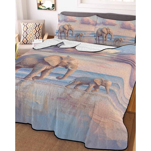 Beach Elephant King Size Down Alternative Comforter, Lightweight Comforter Quilt Bedding Set with Pillow Shams Natural Seaside Scenery Modern Paint Art All Seasons Bed Comforter Duvet Insert 96"x106"