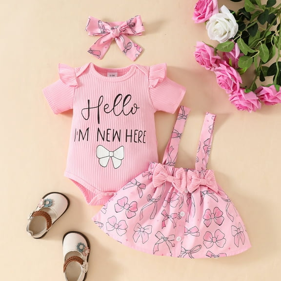 BAODANN Girls Short Sleeve Letter Prints Ribbed Romper Bodysuit Bowknot Suspender Skirts Outfits Cute Baby Things 3 Month Baby Girl Clothes New Photo Prop Crib Checke Crop Top Kids Baby Clothes Girl