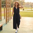 thumbnail image 4 of Women's Summer Cotton Linen Jumpsuits Loose V Neck Button Down Drawstring Wide Leg Pants Rompers Overall with Pockets, 4 of 5