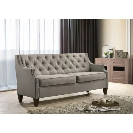 Stylish Living Room Upholstered Sofa with Tufted Back, Contour Arm Design Nailhead Accent Sofa Couch, Gray