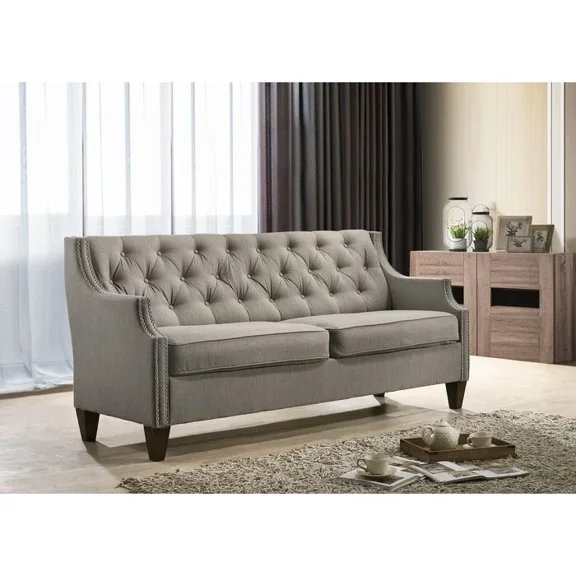 Stylish Living Room Upholstered Sofa with Tufted Back, Contour Arm Design Nailhead Accent Sofa Couch, Gray