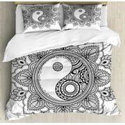 Ethnic Duvet Cover Set Queen Size, Illustration of a Circular Orient Design with a Yin Yang in the Center, Decorative 3 Piece Bedding Set with 2 Pillow Shams, Charcoal Grey and White, by Ambesonne