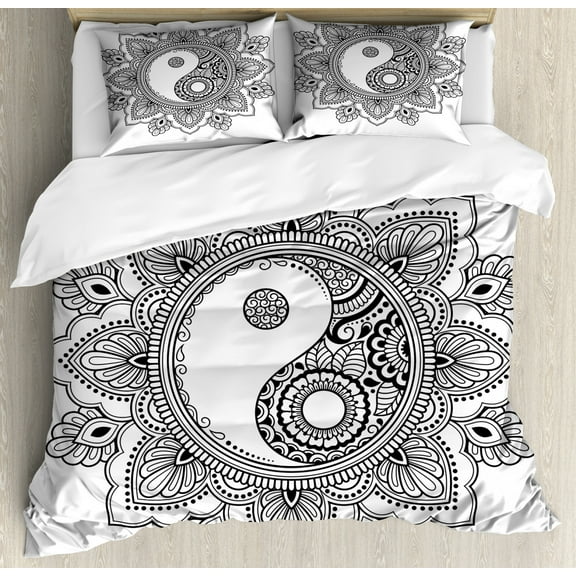 Ethnic Duvet Cover Set Queen Size, Illustration of a Circular Orient Design with a Yin Yang in the Center, Decorative 3 Piece Bedding Set with 2 Pillow Shams, Charcoal Grey and White, by Ambesonne
