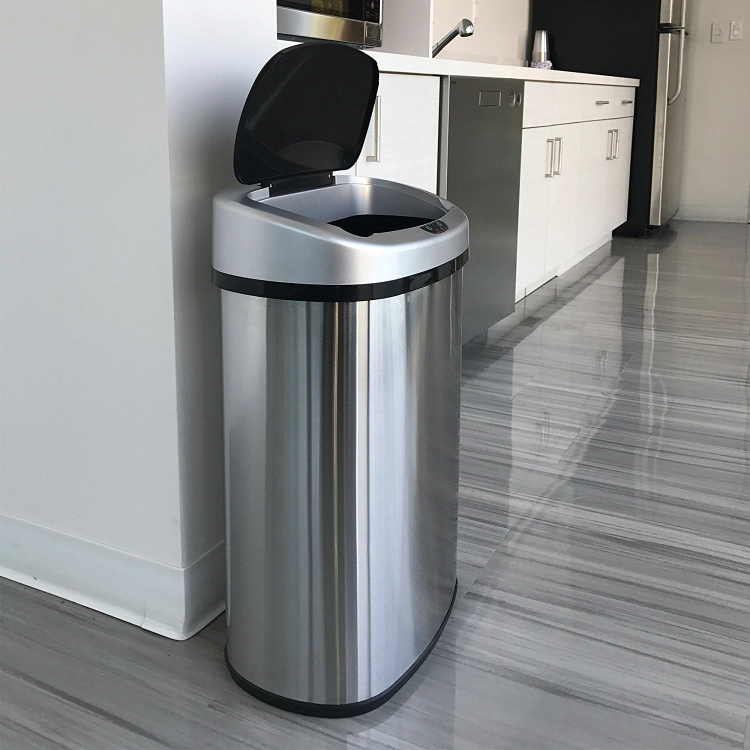 SensorCan Automatic Touchless Sensor Kitchen Trash Can with AC Adapter and Odor Filter Kit - Stainless Steel  13 Gallon / 49 Liter  Oval Shape