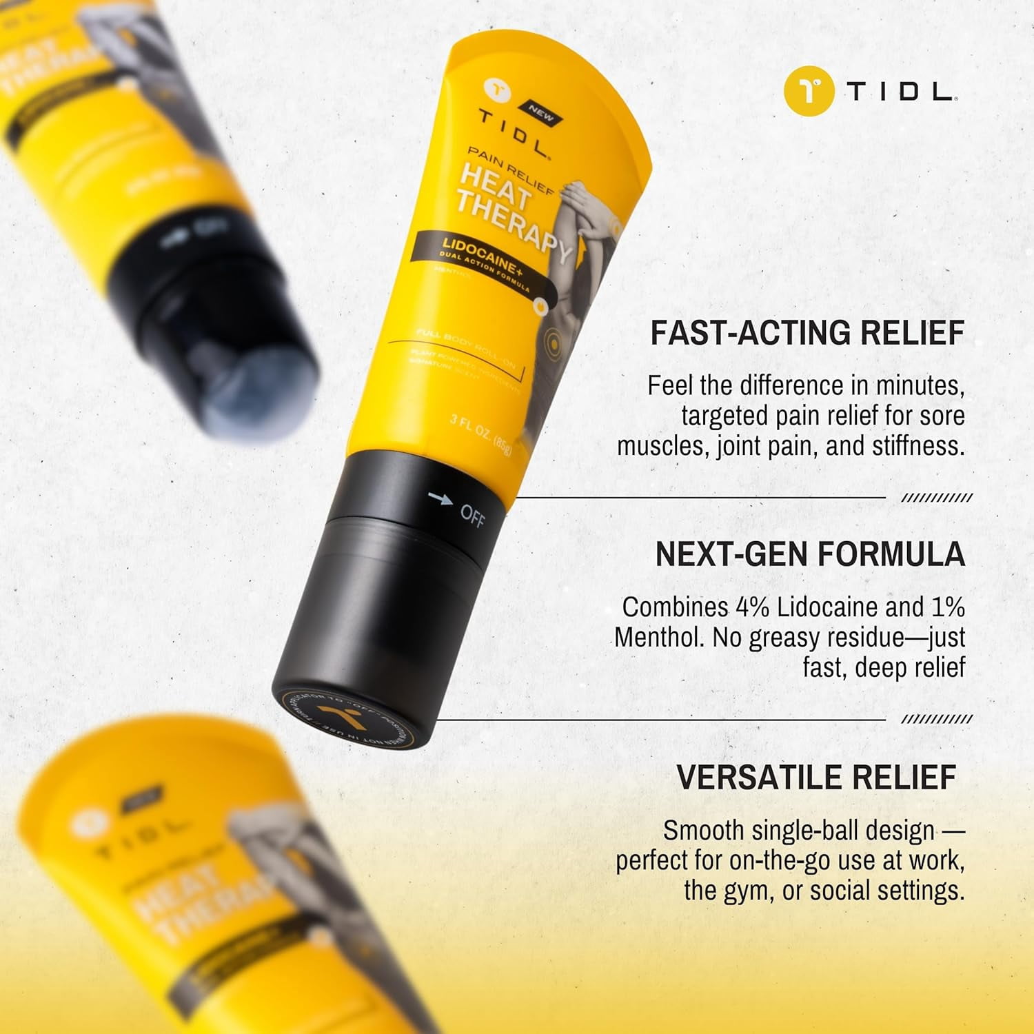 TIDL Heat Therapy Lidocaine Menthol Topical Pain Relief Gel Roll-on for Body Aches & Pains, 3 fl oz
