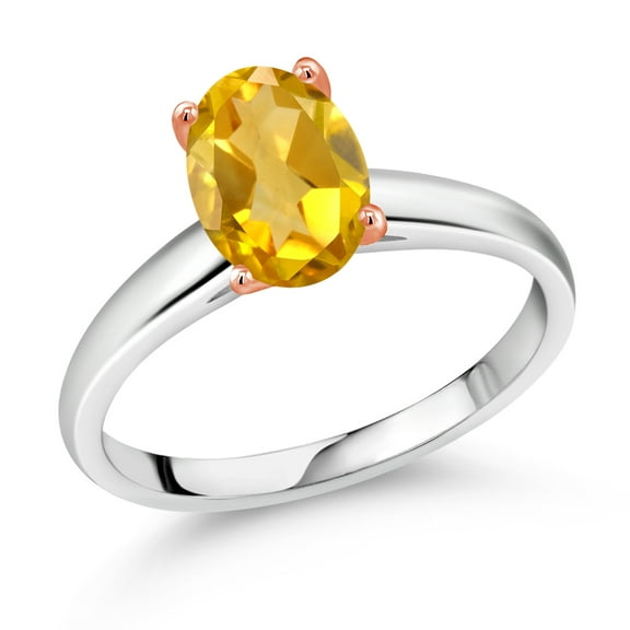 Gem Stone King 1.50 Ct Oval 9x7mm Yellow Citrine 925 Silver and 10K Rose Gold Ring Ring (Size 9)