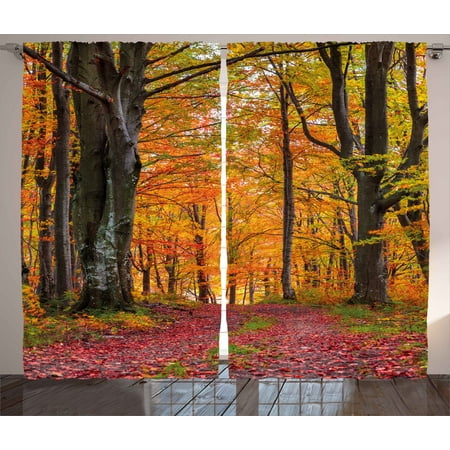 Brass Woodland Leaf - Autumn Curtains 2 Panels Set, Fall Forest with Shady Deciduous Trees and Faded Leaf Magic Woodland Picture, Window Drapes for Living Room Bedroom, 108W X 96L Inches, Apricot Brown Red, by Ambesonne