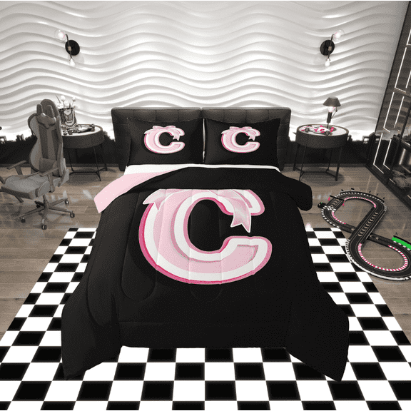 Erosebridal Initial Letter C Bedding Twin Comforter Set, Black Pink Down Comforter, Kawaii Bow-tie Reversible Comforters & Duvets, Lightweight Room Decorative, 2pcs