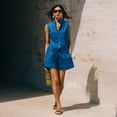 thumbnail image 5 of Women's 2 Piece Outfit Sleeveless Button Down Vest Top and High Waist Shorts Set, Textured Wrinkle Fabric Casual Matching Set, Loose Fit Summer Lounge Wear Blue S, 5 of 6
