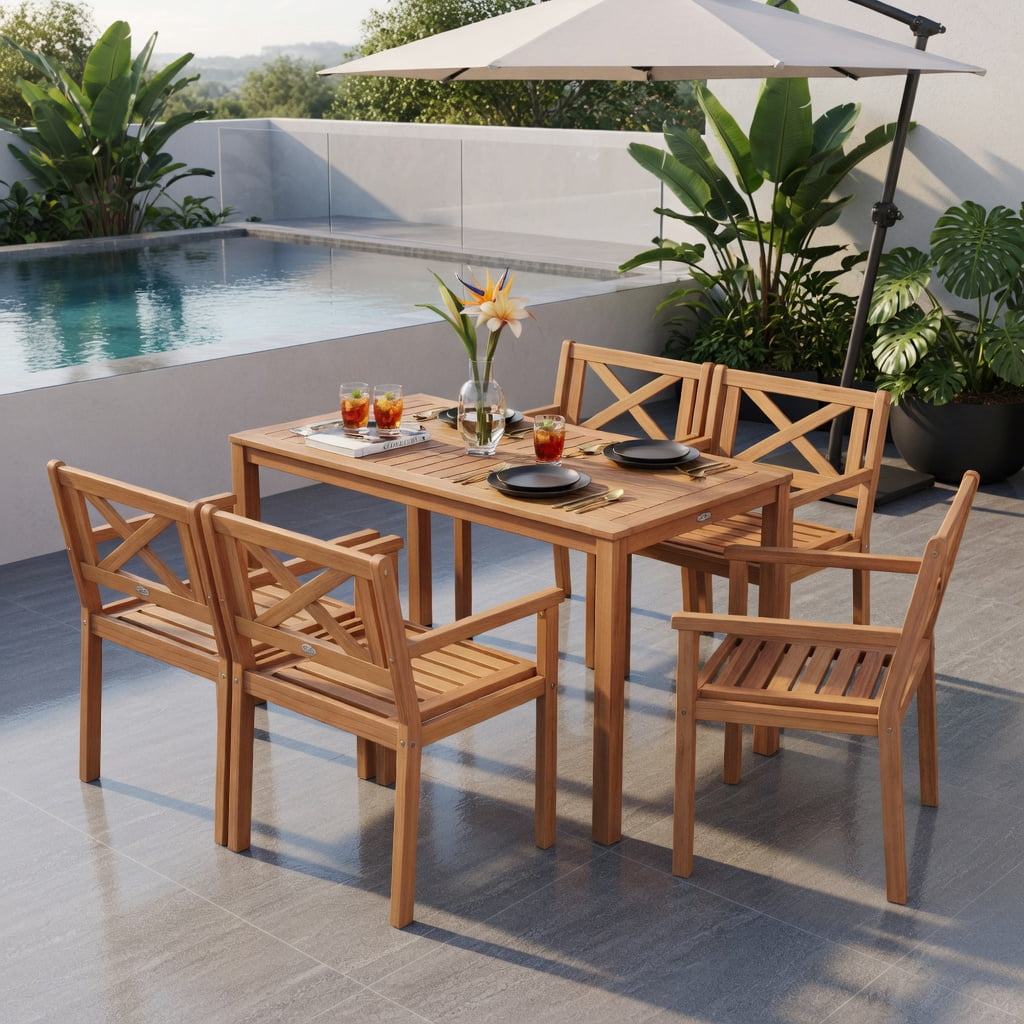 Hommoo Set of 2 Outdoor Acacia Wood Patio Dining Chairs, Teak Finish, Ergonomic Slatted Design for Deck, Porch & Garden, Natural