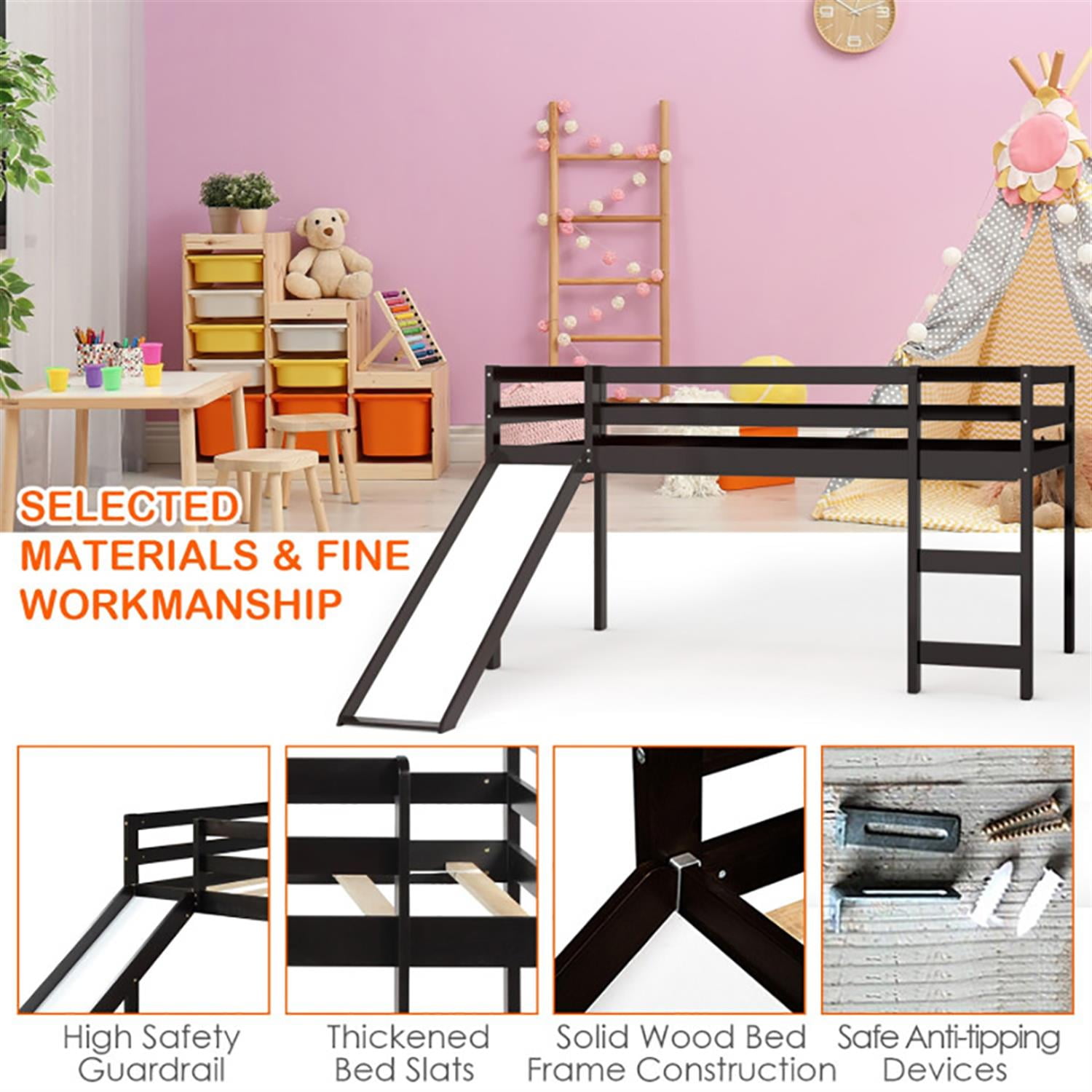 Demi Bonn Twin Over Twin Floor Bunk Bed with Slide and Ladder, Solid Pine Wood Low Bunkbeds with Safety Guardrails for Dorm, Bedroom, Guest Room, Brown