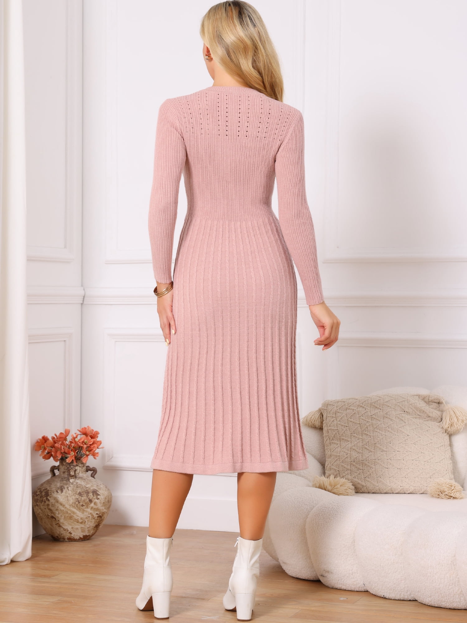 DARING DIVA Women's Long Sleeve Sweater Fall Crewneck Ribbed Knit Dress L Pink