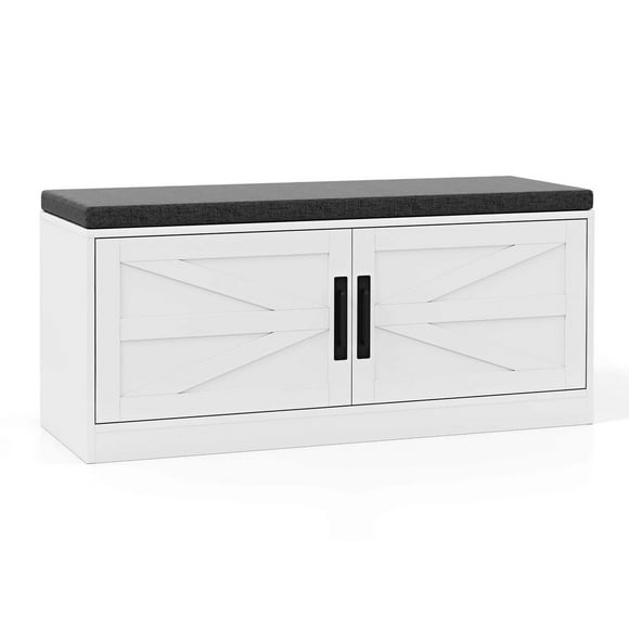Costway Shoe Bench Farmhouse Shoe Rack Organizer with Cushion 2 Doors 2 Adjustable Shelves