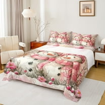 Manfei Lovely Xmas Snowman Twin Sheet Sets,Rustic Flower Floral Twin Fitted Sheet,Pink White Flat Sheet For Girl Teens,Breathable Home Decor,3pcs