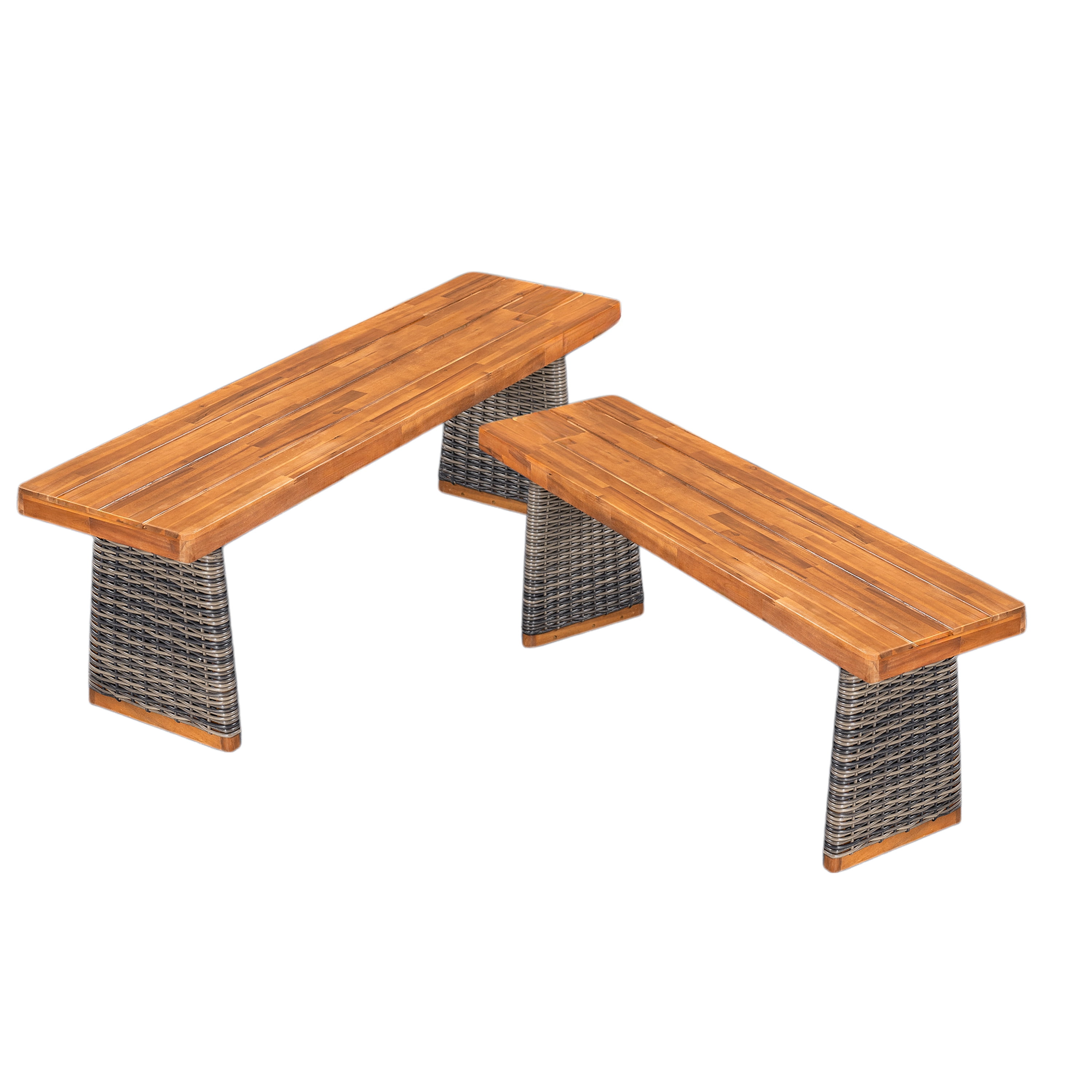 Bench Set of 2, Outdoor Acacia Wood Bench with Grey Wicker for Patio Garden, Teak