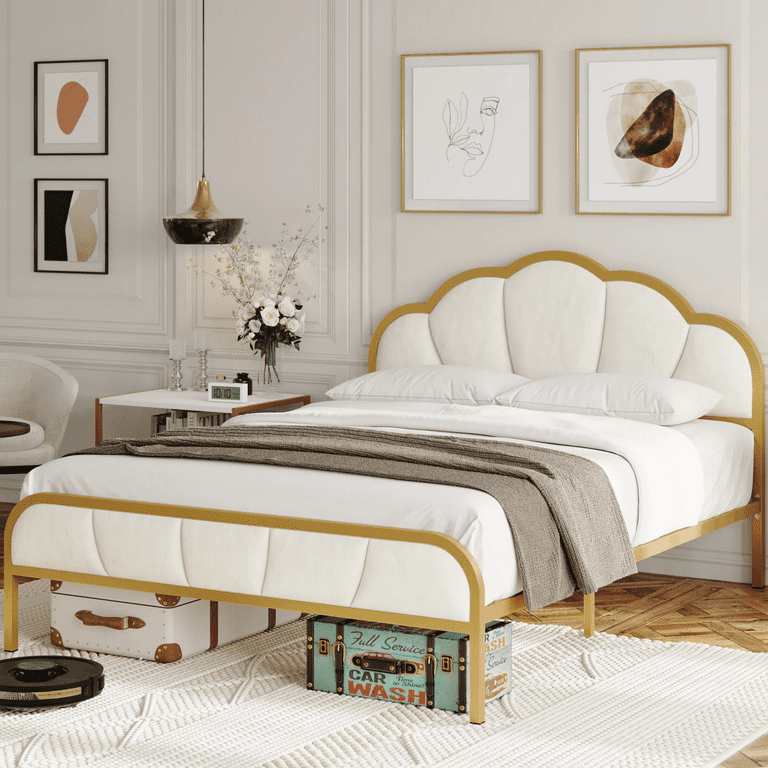 Homfa Queen Size Bed Frame Golden Velvet Upholstered Platform Bed with Headboard for Bedroom Seashell Bed for Kids Girls Beige