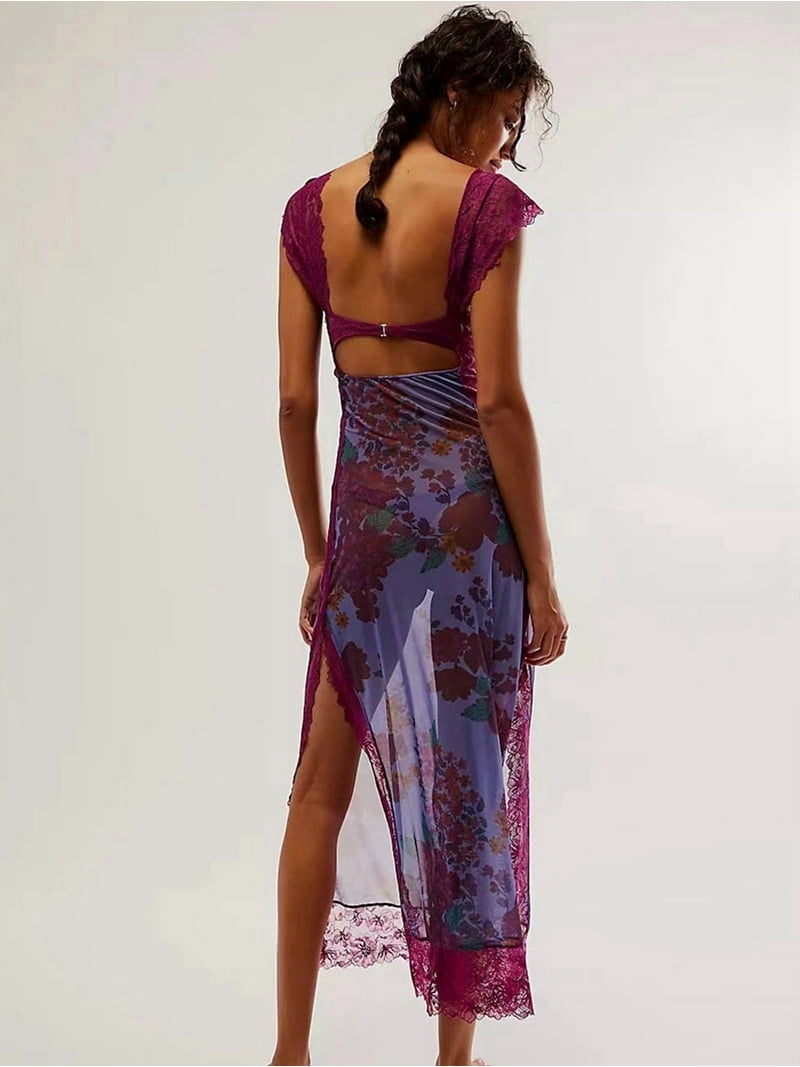 Women Lace Patchwork Mesh Maxi Dress Floral Print Cutout Sweetheart Neck  Backless Slit Summer Y2K Long Dresses L - Walmart.com