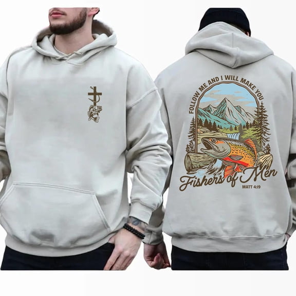Christian Fishing Double-Sided Hoodie – Fisher of Men Matthew 4:19 Bible Verse Hoodie, Faith-Inspired Jesus Quote Pullover for Men & Women, Religious Outdoor Christian Apparel