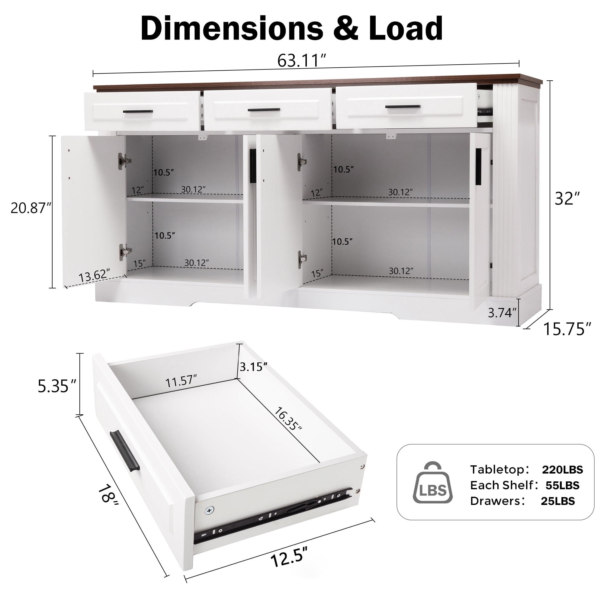 Mintazer 63" Fluted Sideboard Buffet Cabinet with Storage, Kitchen Storage Console Table with 4 Doors and 3 Drawers, Modern Coffee Bar Station for Entryway Kitchen Living Room Dining Room, White