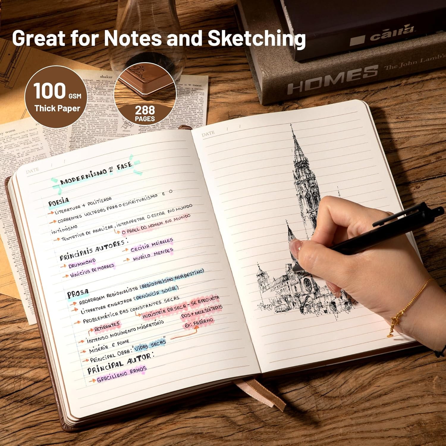 Compass Leather Notebook Journal for Men, 100 GSM 288 Pages Lined Journals for Writing, A5 Hardcover Journaling Notebooks Gift Set with Pen for Travel Office Daily Writing